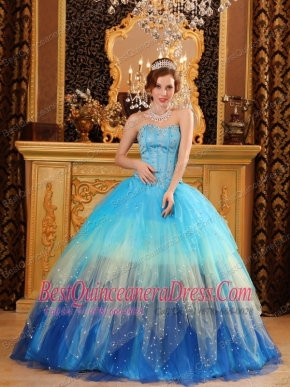 Blue Ball Gown Sweetheart Floor-length Beading Satin and Organza  Quinceanera Dress