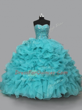 Classical Aqua Blue 15th Birthday Dress Sweet 16 and Quinceanera with Beading and Ruffles Sweetheart Sleeveless Lace Up