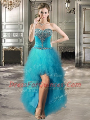 Teal Lace Up Sweetheart Beading and Ruffles Homecoming Dress Tulle Sleeveless