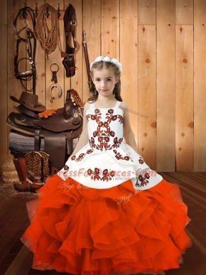 Trendy Organza Straps Sleeveless Lace Up Embroidery Pageant Gowns For Girls in Orange Red