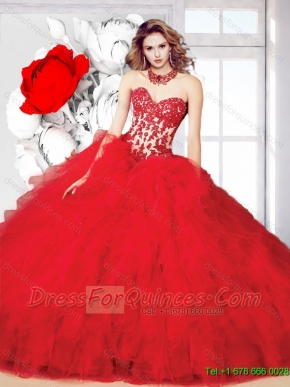 Perfect Red 2015 Summer Ball Gown Sweet 16 Dress with Beading and Ruffles
