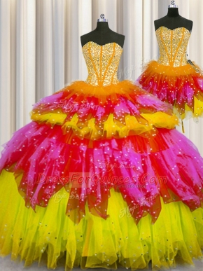 Fantastic Three Piece Visible Boning Sweetheart Sleeveless Lace Up Vestidos de Quinceanera Multi-color Tulle