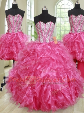 Elegant Four Piece Hot Pink Ball Gowns Beading and Ruffles Sweet 16 Dress Lace Up Organza Sleeveless Floor Length