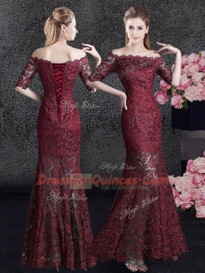 Wine Red Mermaid Off The Shoulder Half Sleeves Lace Floor Length Lace Up Lace Evening Dress