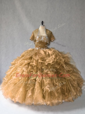 Brown Vestidos de Quinceanera Sweet 16 and Quinceanera with Beading and Ruffles Strapless Sleeveless Lace Up