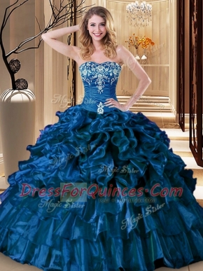 Luxury Sweetheart Sleeveless 15 Quinceanera Dress Floor Length Embroidery and Ruffles Royal Blue Organza