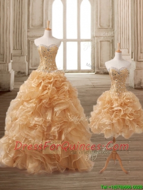 Latest Gold Detachable Quinceanera Dress with Beading and Ruffles