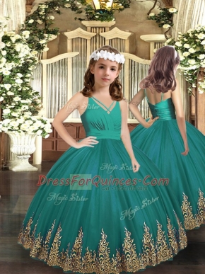 Luxurious Turquoise Tulle Zipper Pageant Dress Womens Sleeveless Floor Length Embroidery