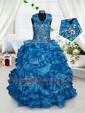 Halter Top Taffeta Sleeveless Floor Length Flower Girl Dresses for Less and Beading and Ruffles