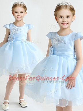 Affordable Light Blue Ball Gowns Scoop Cap Sleeves Organza Mini Length Zipper Appliques and Bowknot and Hand Made Flower Flower Girl Dresses