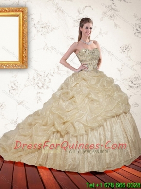 2015 Romantic Cheap Champagne Sequined Quinceanera Dresses with Pick Ups and Sequins