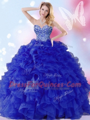 Vintage Royal Blue Ball Gowns Organza Sweetheart Sleeveless Beading and Ruffles Floor Length Lace Up Quinceanera Dresses