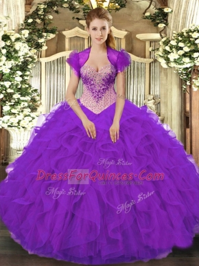 Inexpensive Purple Organza Lace Up Quinceanera Gown Sleeveless Floor Length Beading and Ruffles