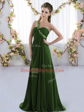 Olive Green Vestidos de Damas Prom and Party and Wedding Party with Beading One Shoulder Sleeveless Brush Train Lace Up