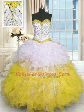 Yellow And White Ball Gowns Sweetheart Sleeveless Organza Floor Length Lace Up Beading and Ruffles Ball Gown Prom Dress