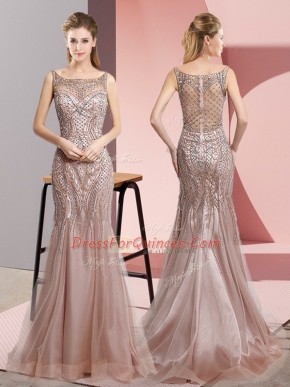 Pink Tulle Zipper Scoop Sleeveless Floor Length Evening Dress Beading