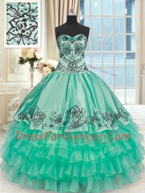 Flirting Organza and Taffeta Sweetheart Sleeveless Lace Up Embroidery and Ruffled Layers Quinceanera Dress in Turquoise