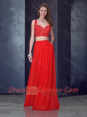 Two Piece Column Straps Red Prom Dress with Appliques