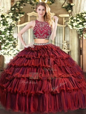 Burgundy Sleeveless Tulle Zipper Quinceanera Dresses for Military Ball and Sweet 16 and Quinceanera