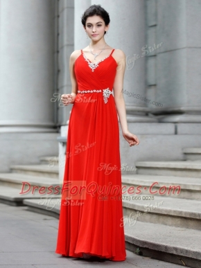 Graceful Coral Red Sleeveless Floor Length Beading Zipper Prom Dress