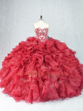 Cheap Burgundy Sleeveless Floor Length Beading and Ruffles Lace Up 15th Birthday Dress