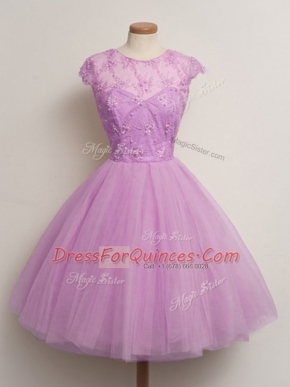 Deluxe Lilac Ball Gowns Lace Quinceanera Court of Honor Dress Lace Up Tulle Cap Sleeves Knee Length
