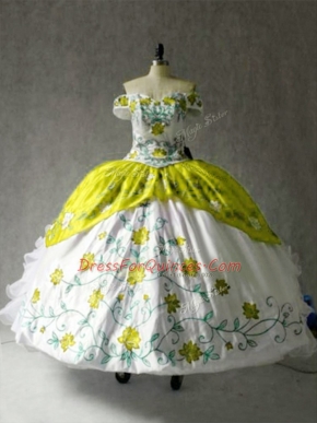 Stunning Multi-color Cap Sleeves Floor Length Embroidery and Ruffles Lace Up 15th Birthday Dress