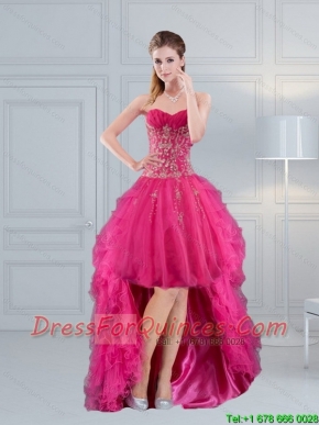 High Low Sweetheart Hot Pink 2015 Dama Dresses with Embroidery and Beading