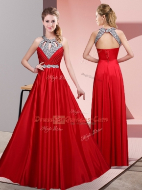 Red Sleeveless Satin Lace Up Evening Dress for Prom and Party