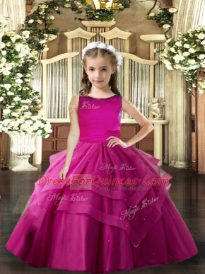 On Sale Fuchsia Ball Gowns Tulle Scoop Sleeveless Ruffled Layers Floor Length Lace Up Kids Pageant Dress