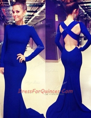 Mermaid Scoop Long Sleeves Brush Train Criss Cross Ruching Evening Dress