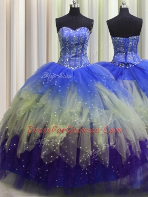 Charming Visible Boning Multi-color Sleeveless Tulle Lace Up 15 Quinceanera Dress for Military Ball and Sweet 16 and Quinceanera