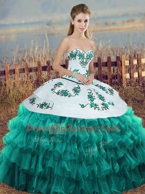 Turquoise Lace Up Quinceanera Gowns Embroidery and Ruffled Layers and Bowknot Sleeveless Floor Length