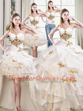 Four Piece Sweetheart Sleeveless Sweet 16 Quinceanera Dress Floor Length Beading and Ruffles White Organza