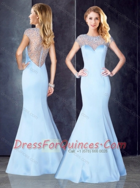 See Through Back Beaded Light Blue Dama Dress with Cap Sleeves