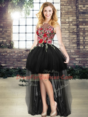 Glorious Sleeveless High Low Embroidery Lace Up Prom Dress with Black