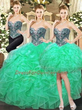 Lovely Sleeveless Lace Up Floor Length Beading and Ruffles Quinceanera Dress