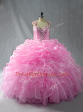 Extravagant Baby Pink Quinceanera Dresses Sweet 16 and Quinceanera with Beading and Ruffles and Pick Ups Straps Sleeveless Zipper
