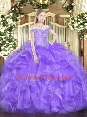 Floor Length Lavender Quinceanera Gowns Organza Sleeveless Beading and Ruffles