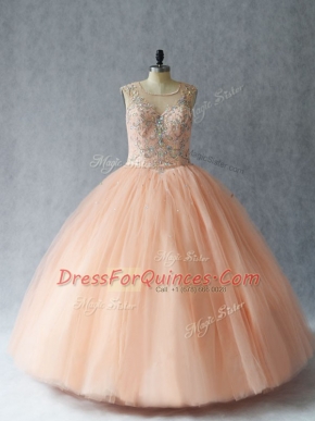 Scoop Sleeveless Tulle Quince Ball Gowns Beading Lace Up