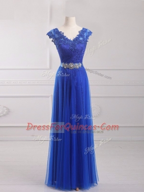 Attractive Royal Blue Lace Up V-neck Beading and Lace and Appliques and Belt Dress for Prom Tulle Short Sleeves