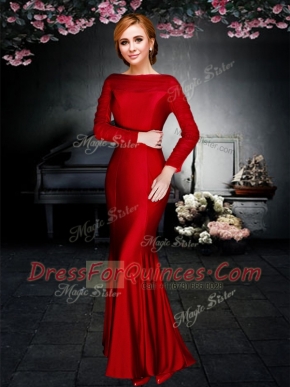 Cute Off the Shoulder Elastic Woven Satin Long Sleeves Ankle Length Prom Dresses and Ruching