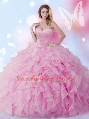 Shining Rose Pink Sweetheart Lace Up Beading and Ruffles Quinceanera Dress Sleeveless