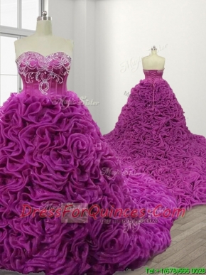Gorgeous Rolling Flowers Court Train Quinceanera Gown with Beading
