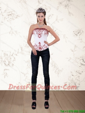 Strapless White and Wine Red Corset Dress with Embroidery