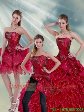 New Styles 2015 Ruffles and Beading Quince Dresses in Wine Red