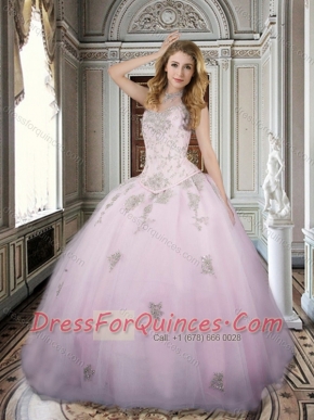 Classical Applique and Beaded Bodice Pink Sweet 16 Dress in Tulle