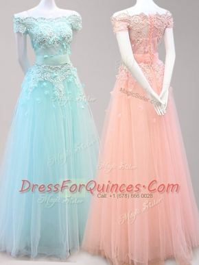 Perfect Off the Shoulder Cap Sleeves Floor Length Zipper Prom Party Dress Light Blue and Peach for Prom with Beading and Appliques