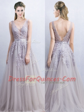 Elegant Grey Tulle Backless V-neck Sleeveless With Train Dress for Prom Brush Train Appliques and Belt
