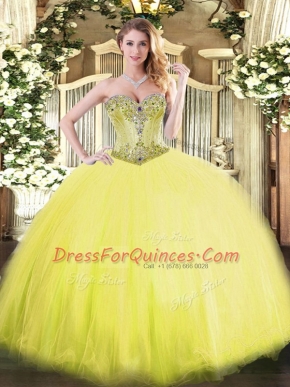 Dazzling Sweetheart Sleeveless Sweet 16 Dresses Floor Length Beading Yellow Tulle